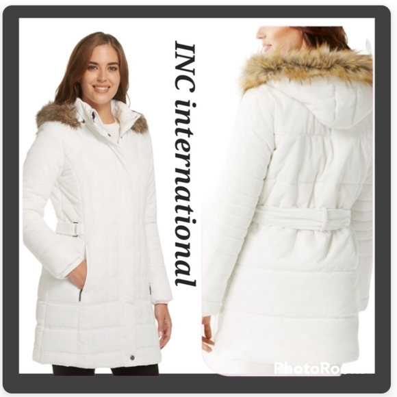 **SALE- ENDS CYBER MONDAY** INC Hooded VELVET PUFFER COAT WITH FAUX FUR - Picture 10 of 10